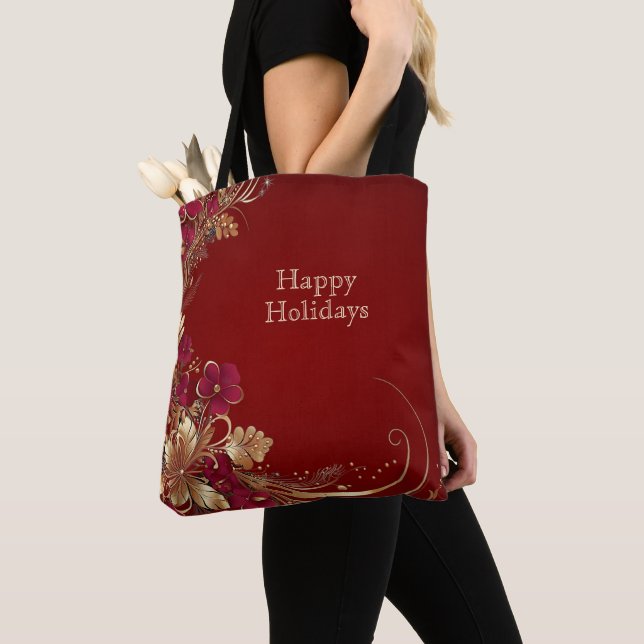 Red Gold Floral Holiday Tote Bag (Close Up)