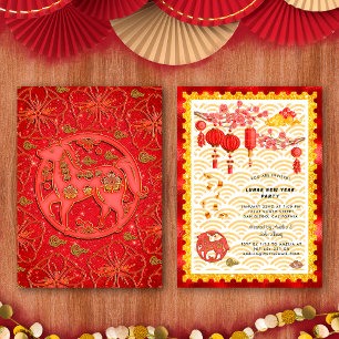 Red Gold Floral Horse 2026 Chinese New Year Party Invitation