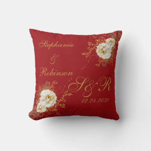 Red Gold Floral Monogram Logo Wedding Throw Pillow