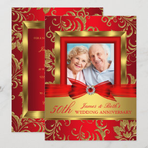 Red Gold Floral Photo 50th Wedding Anniversary Invitation