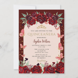 Red Gold Floral Princess Quinceanera Invitation