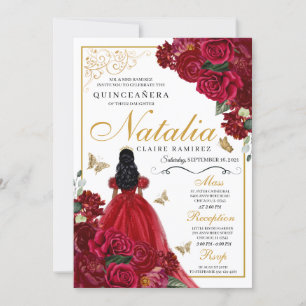 Red & Gold Floral Quinceanera Birthday Invitation