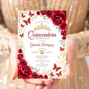 Red Gold Floral Quinceanera Invitation