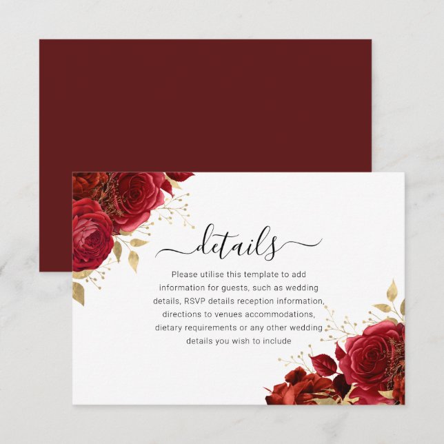Red & Gold Floral Quinceanera or Wedding Details Enclosure Card (Front/Back)