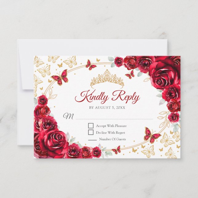 Red Gold Floral Quinceanera Reply RSVP Card (Front)