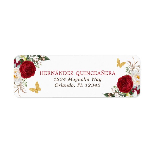 Red Gold Floral Quinceañera Return Address (Front)