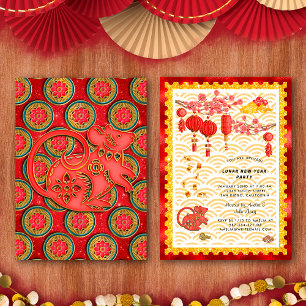 Red Gold Floral Rat Zodiac Chinese New Year Party Invitation
