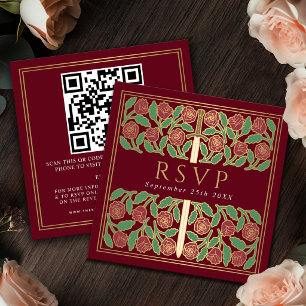 Red Gold Floral Royal Wedding RSVP QR Code Enclosure Card
