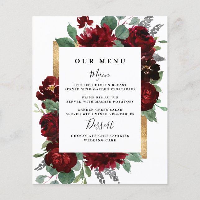 Red Gold Floral Rustic Élégant blanc Mariage Menus (Devant)