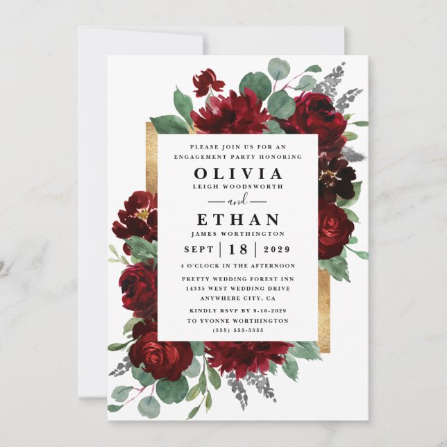 Red Gold Floral Rustic Elegant Engagement Party Invitation (Front)