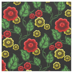 Red/gold flowers/green leaves/Folk floral/black Fabric