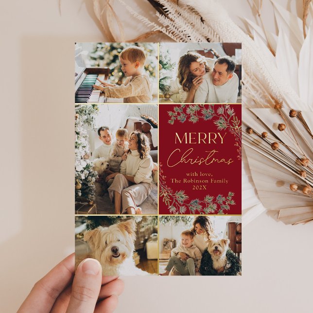 Red Gold Foil 5 Photo Family Christmas Card (Creator Uploaded)