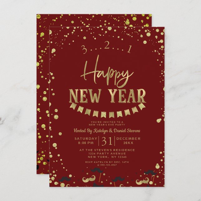 Red & Gold Foil Confetti New Year's Eve Party Invitation (Front/Back)