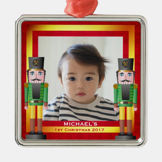 Red & Gold Frame & Nutcracker Baby's 1st Christmas Metal Ornament (Front)