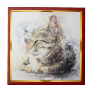 Red & Gold Framed Abstract Cat Print Tile