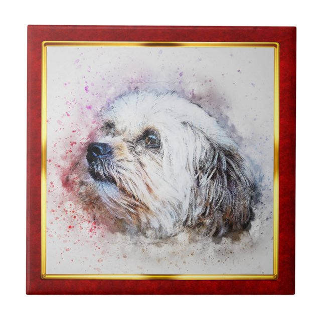 Red & Gold Framed Abstract Dog Print Tile (Front)