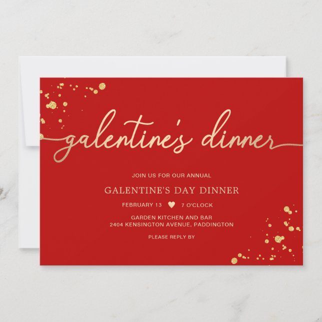 Red Gold Galentine's Day Dinner Invitation (Devant)