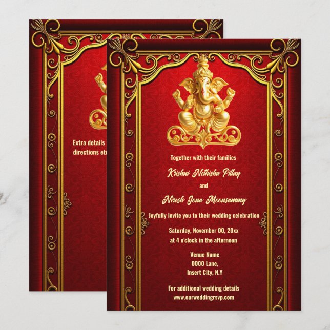 Red gold ganesha indian hindi hindu wedding invitation (Front/Back)