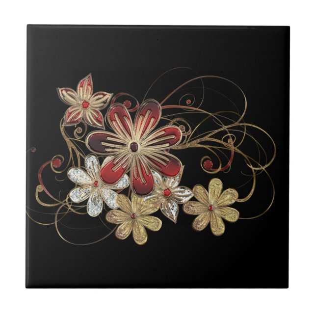 Red Gold Gemstone Flowers Black Ceramic Tile (Front)