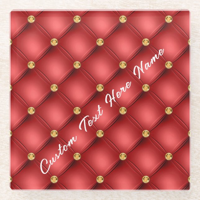 Red Gold Gemstone Glass Coaster with Custom Text (Front)