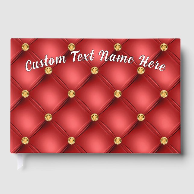 Red Gold Gemstone Tufted Custom Text Guest Book (Front)