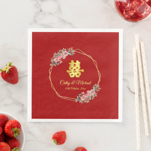 Red gold geometric floral wreath Chinese wedding Napkin