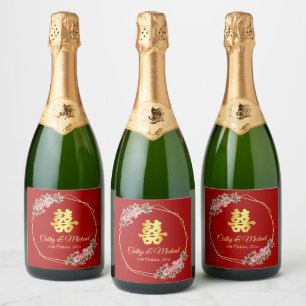 Red gold geometric floral wreath Chinese wedding Sparkling Wine Label