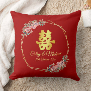 Red gold geometric floral wreath Chinese wedding Throw Pillow