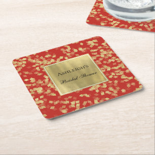 Red Gold Glam Confetti  Square Paper Coaster