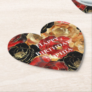Red Gold Glam Flowers Birthday Paper Coaster