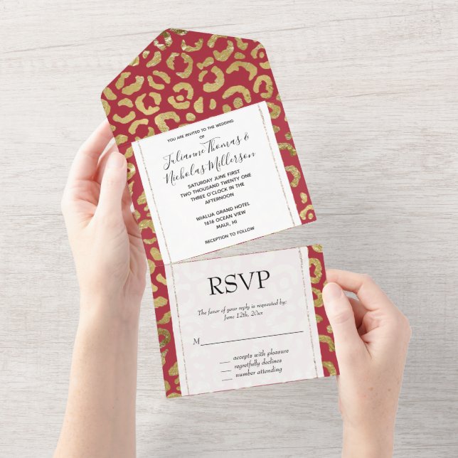 Red Gold Glam Leopard Print All In One Invitation (Tearaway)