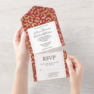Red Gold Glam Leopard Print All In One Invitation