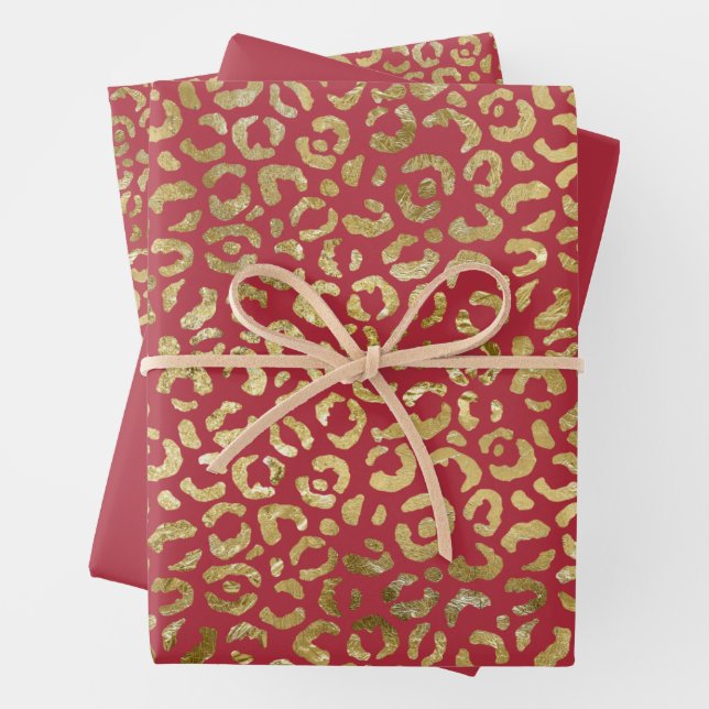 Red Gold Glam Leopard Print Wrapping Paper Sheet (In situ)