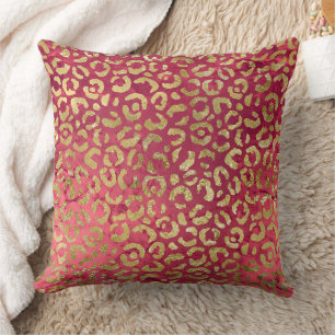 Red Gold Glam Leopard Throw Pillow