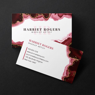 Red Gold Glitter Agate Makeup Artist Initial Logo Business Card