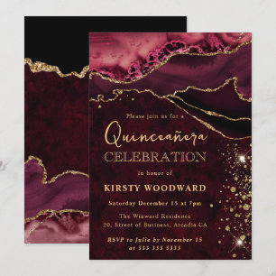 Red Gold Glitter Agate Quinceanera Invitation