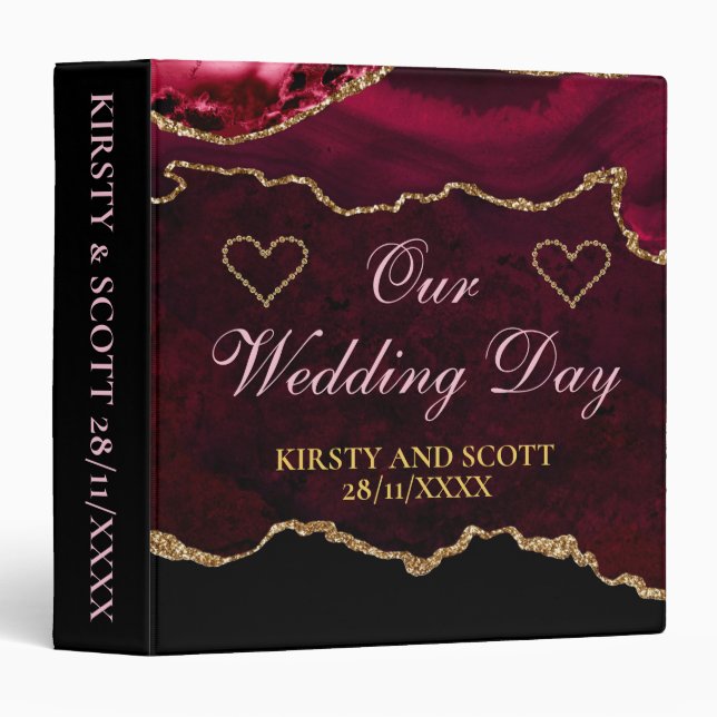 Red & Gold Glitter Agate Wedding Photo Album Binder (Front/Spine)