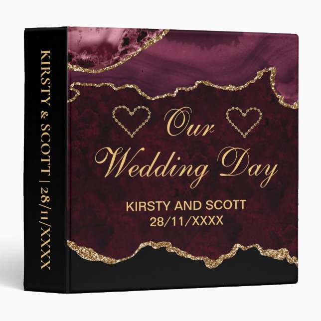Red & Gold Glitter Agate Wedding Photo Album Binder (Front/Spine)