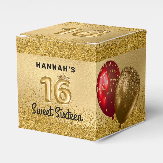 Red Gold Glitter Balloons Sweet 16 Sixteen Favor Box (Front Side)