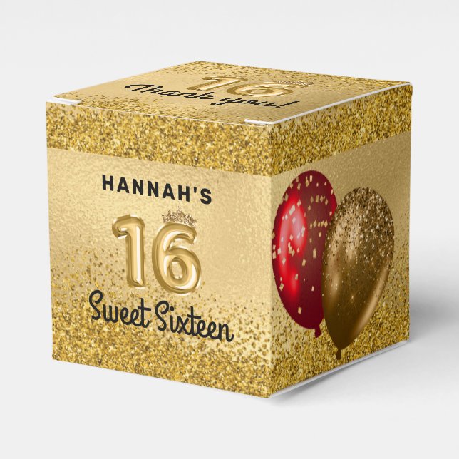 Red Gold Glitter Balloons Sweet 16 Sixteen Favor Box (Front Side)