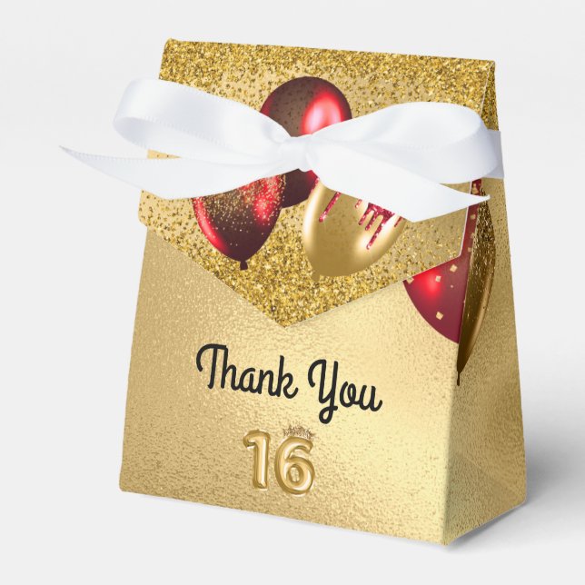 Red Gold Glitter Balloons Sweet 16 Sixteen Favor Box (Front Side)