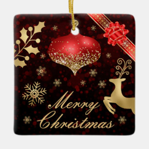 Red & Gold Glitter Christmas bauble and Ribbon Ceramic Ornament