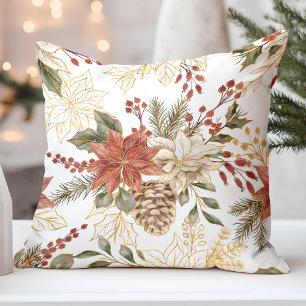Red Gold Glitter Christmas Floral Throw Pillow
