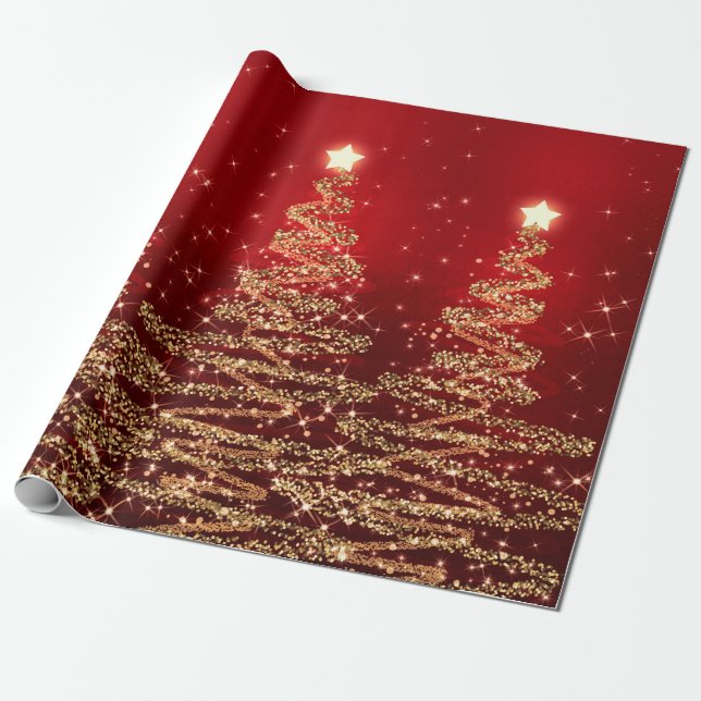 Red & Gold Glitter Christmas Trees Holiday Wrapping Paper (Unrolled)