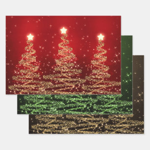 Red & Gold Glitter Christmas Trees Holiday Wrapping Paper Sheet