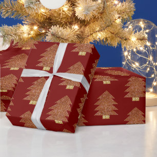 Red Gold Glitter Christmas Trees Wrapping Paper