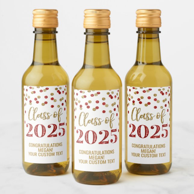 Red Gold Glitter Class of 2025 Graduation Wine Label (Bottles)