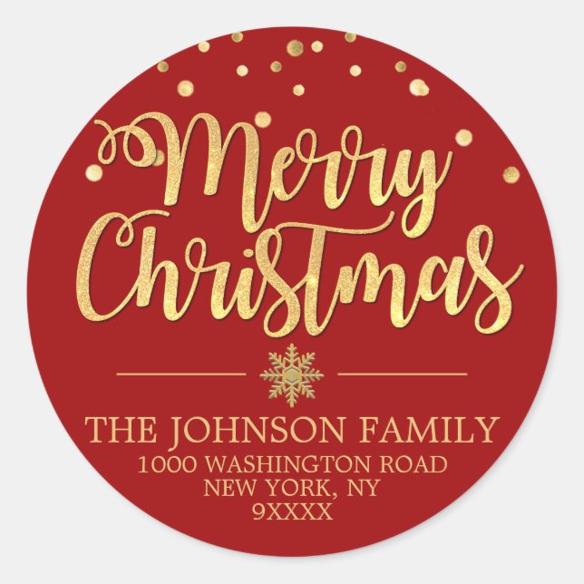 RED Gold Glitter Confetti Merry Christmas Address Classic Round Sticker (Front)