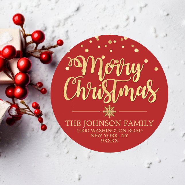 RED Gold Glitter Confetti Merry Christmas Address Classic Round Sticker (RED Gold Glitter Confetti Merry Christmas Address Classic Round Sticker)