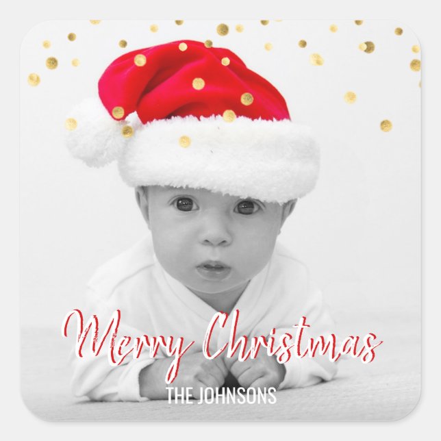 RED Gold Glitter Confetti Merry Christmas | PHOTO Square Sticker (Front)